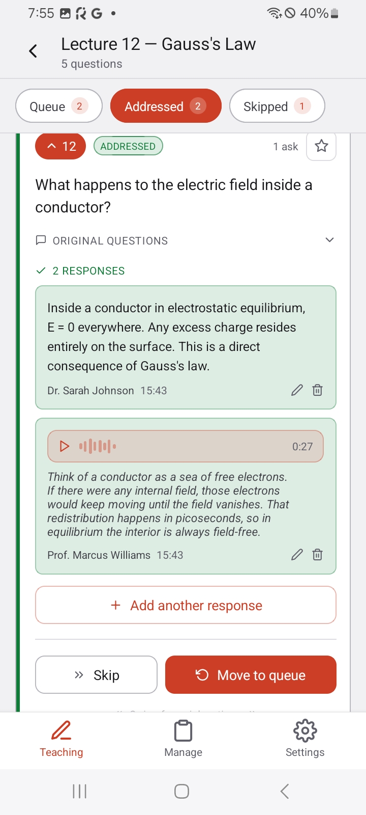 Instructor view — question queue with a pinned card and audio response