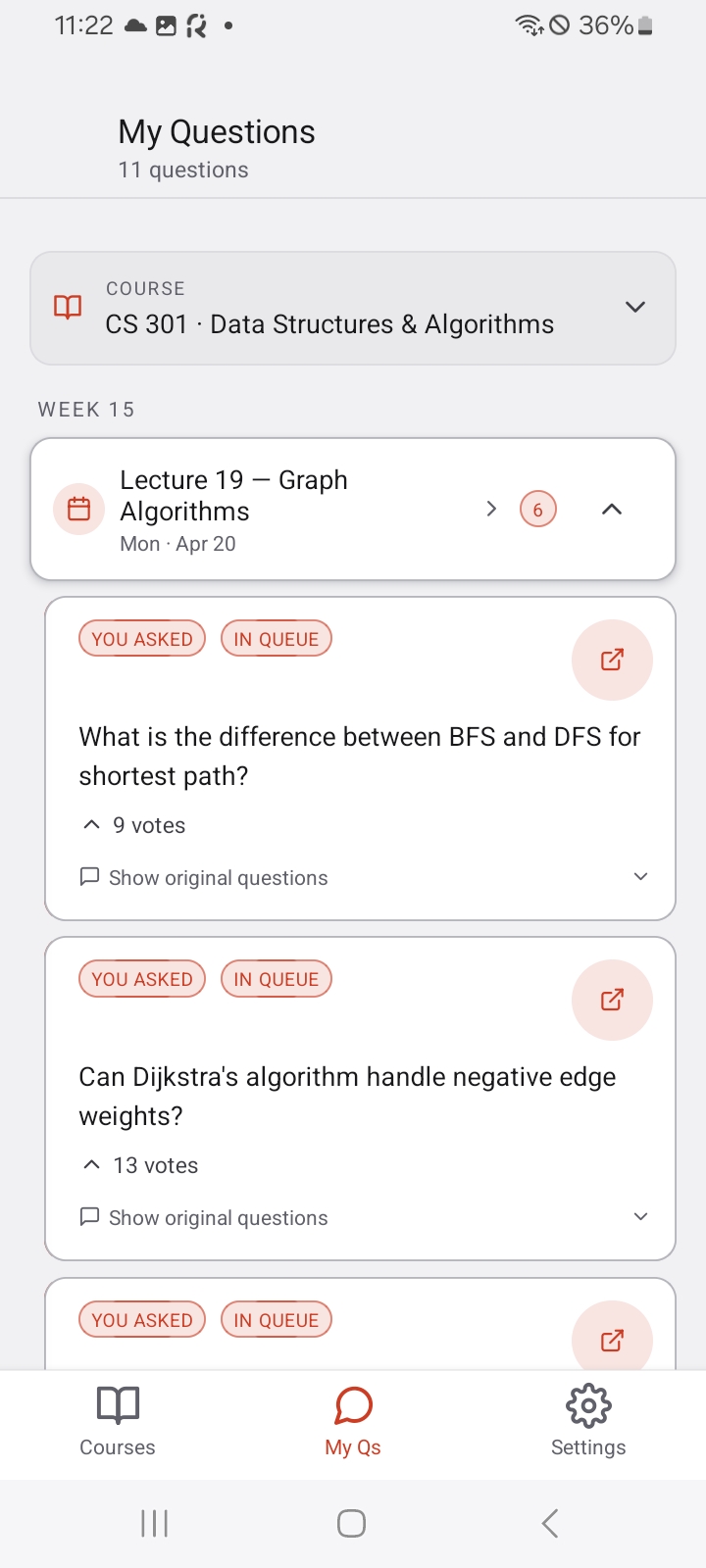 Student view — My Questions history