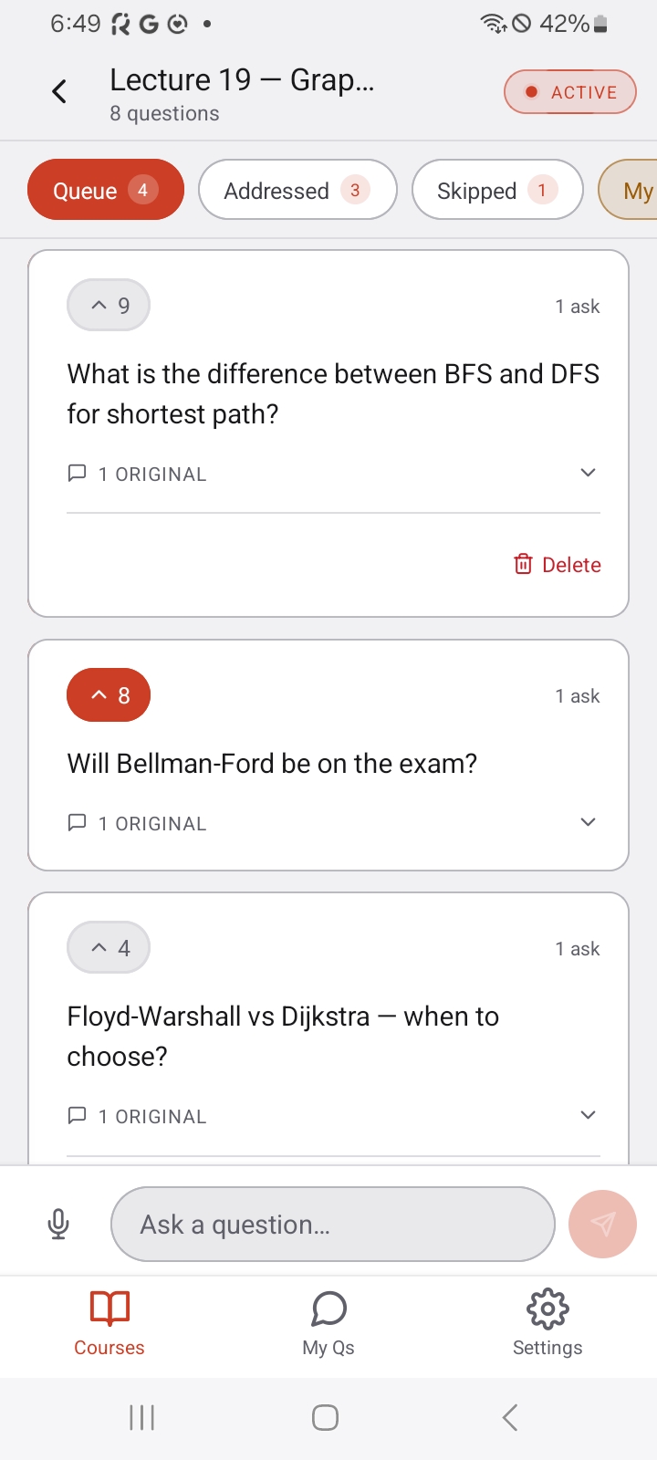 Student view — live Q&A with clustered questions